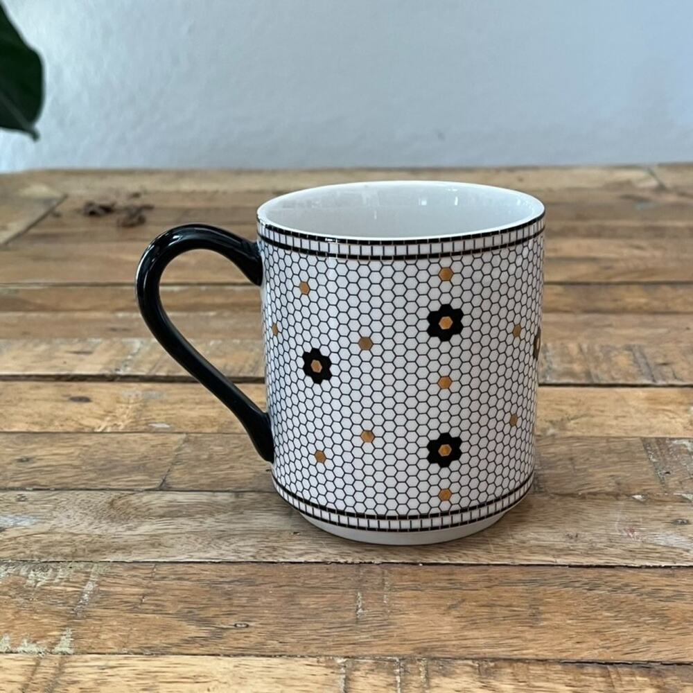 Anthropologie Bistro Tile Ceramic Mug "S" Black & Gold Honeycomb Mosaic - Picture 4 of 9